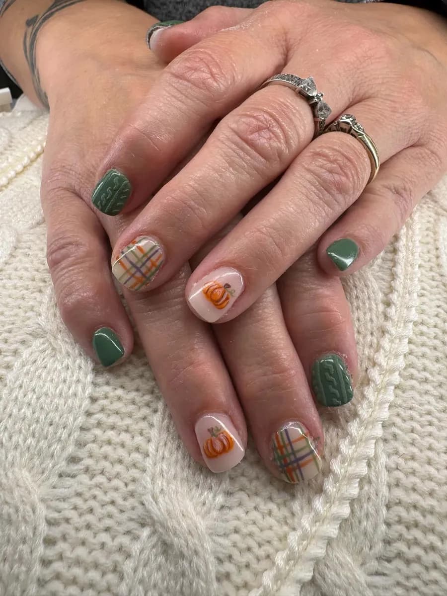 Autumn nails with plaid, hand-painted pumpkins and sage green