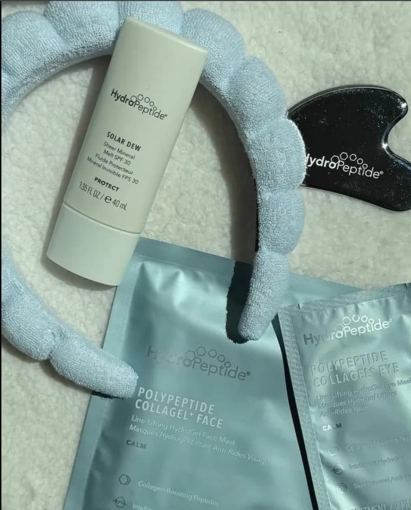 HydroPeptide Polypeptide Collagel+ face and eye masks with Solar Dew and a spa headband